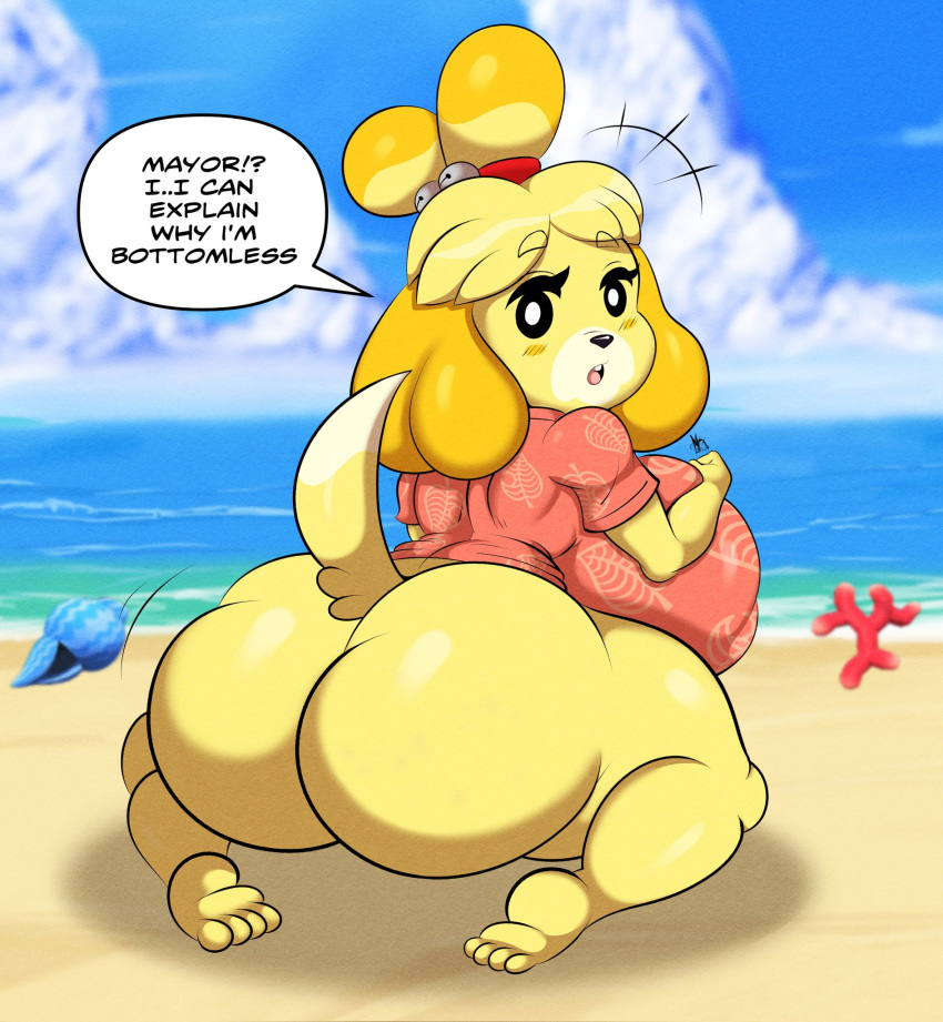 animal_crossing anthro beach big_breasts big_butt black_eyes blonde_hair blush bottomless breasts butt canid canine canis clothed clothing domestic_dog english_text exclamation_point female hair hi_res huge_breasts huge_butt isabelle_(animal_crossing) looking_at_viewer looking_back mammal mrxrickyx nintendo open_mouth pupils question_mark seashell seaside shell shih_tzu shirt sitting solo speech_bubble text thick_thighs topwear toy_dog white_pupils yellow_body