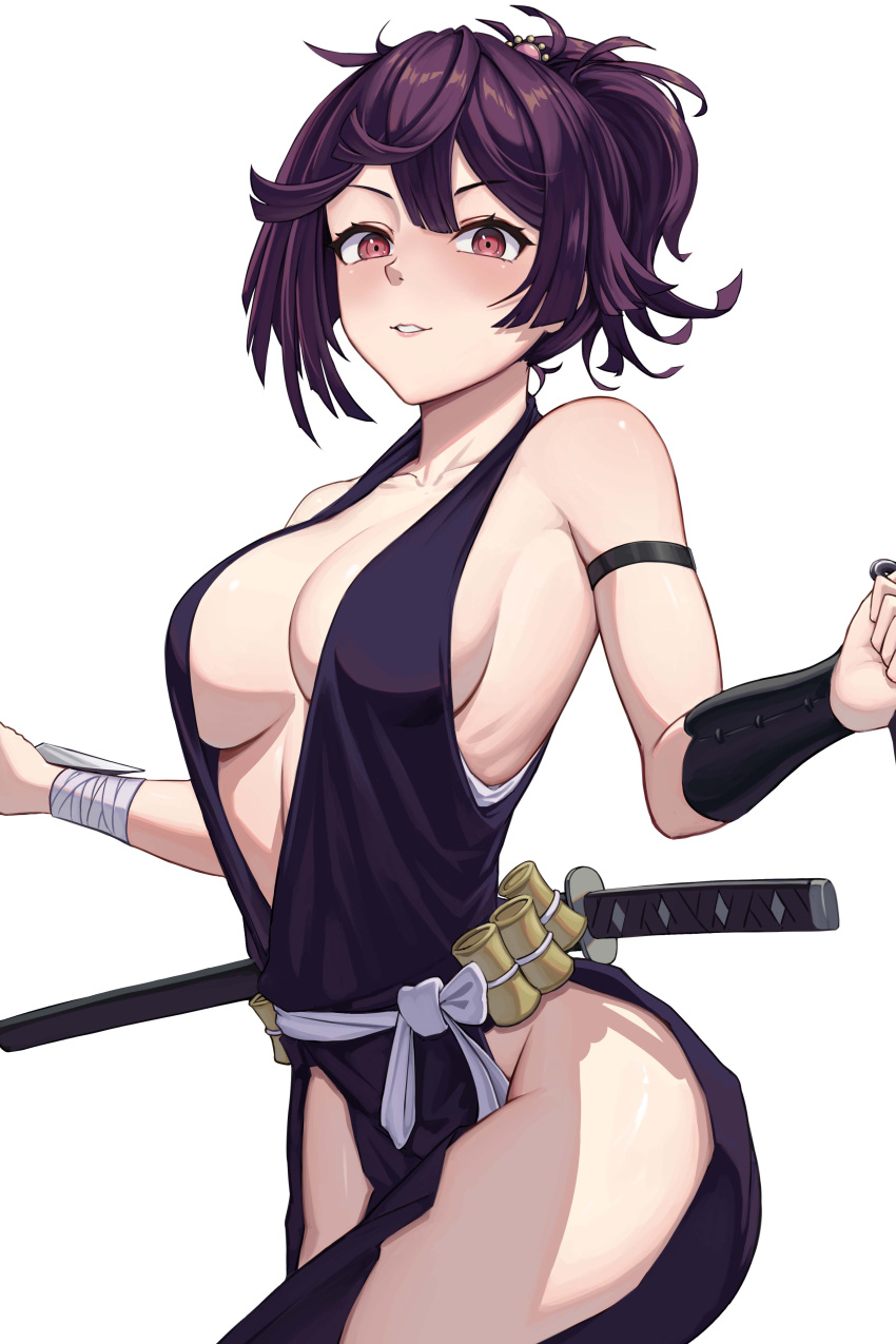 1girl absurdres ahaha_kun bandaged_wrist bandages bare_shoulders breasts cleavage highres hip_vent japanese_clothes jigokuraku kimono looking_at_viewer medium_breasts purple_hair purple_kimono sash short_hair smile solo thighs white_sash yuzuriha_(jigokuraku)