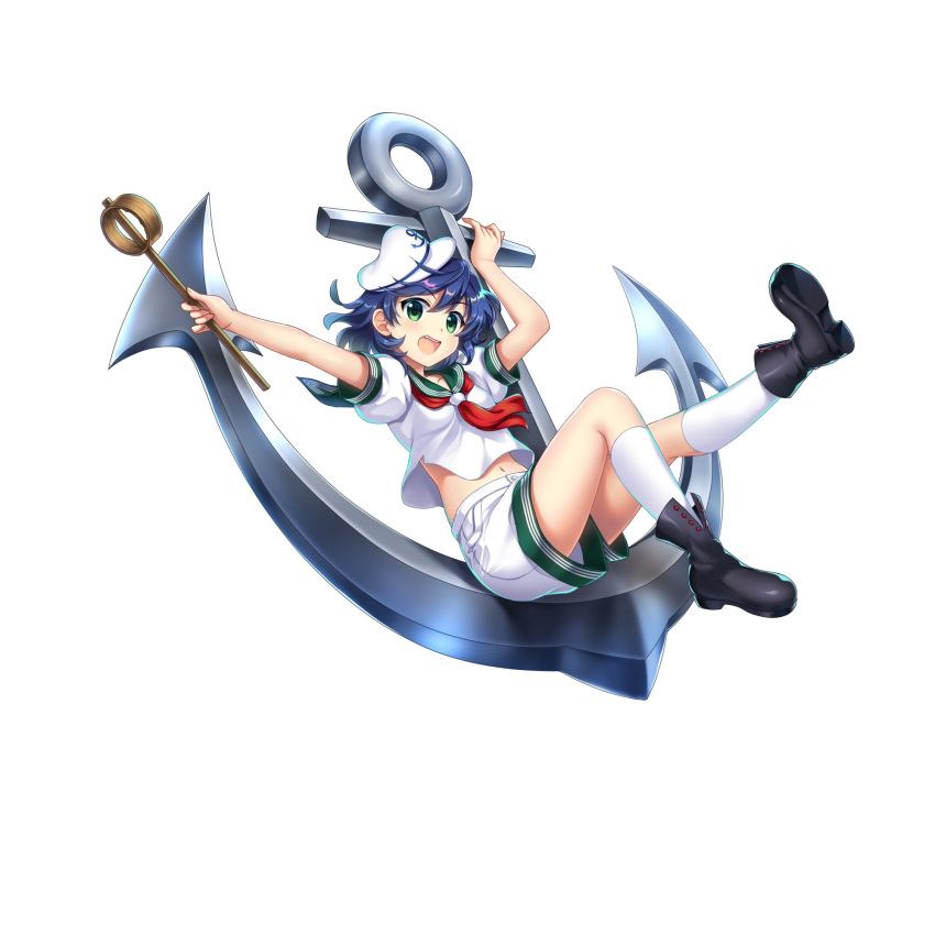 1girl anchor anchor_symbol black_footwear black_hair boots full_body game_cg green_eyes green_sailor_collar hat highres hishaku holding looking_at_viewer murasa_minamitsu navel neckerchief red_neckerchief rotte_(1109) sailor sailor_collar sailor_hat shirt short_hair short_sleeves shorts simple_background socks solo third-party_source touhou touhou_lost_word white_background white_headwear white_shirt white_shorts white_socks