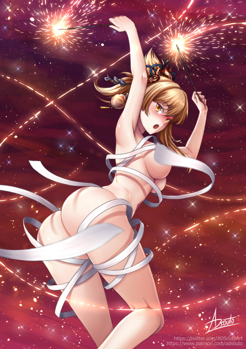 1girl :o adsouto armpits arms_up artist_name ass bandages bare_arms blonde_hair blush breasts cloud cloudy_sky convenient_censoring dusk fireworks floating_hair genshin_impact half_updo highres holding large_breasts long_hair looking_at_viewer naked_bandage outdoors patreon_username signature sky solo twisted_torso twitter_username underboob watermark web_address yellow_eyes yoimiya_(genshin_impact)