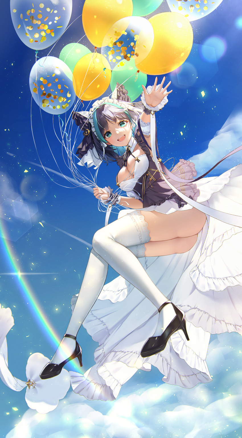 1girl absurdres animal_ears aqua_eyes arm_garter ass azur_lane balloon breasts cheshire_(azur_lane) cleavage cloud detached_sleeves fake_animal_ears fang frilled_hairband frilled_ribbon frills full_body hairband high_heels highres holding holding_balloon large_breasts lel lens_flare long_ribbon multicolored_hair outstretched_arms puffy_detached_sleeves puffy_sleeves ribbon short_hair sky smile solo streaked_hair thighhighs two-tone_hair upskirt white_thighhighs wrist_cuffs