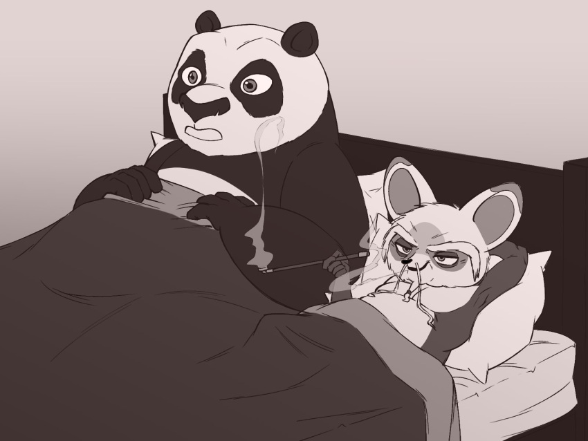 2023 after_sex ailurid anthro bear bed bedding blanket doritomon dreamworks duo furniture giant_panda hi_res kung_fu_panda lying male male/male mammal master_po_ping master_shifu overweight overweight_male pillow red_panda smoking surprise