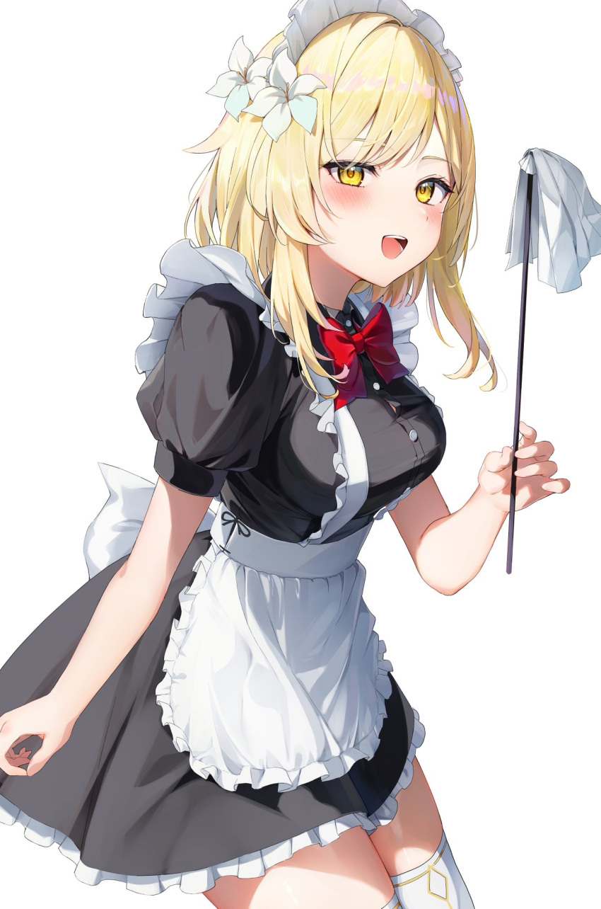 1girl :d alternate_costume apron auui black_dress blonde_hair blush boots bow bowtie breasts collared_dress commentary cowboy_shot dress enmaided eyelashes flower frilled_apron frilled_dress frills genshin_impact hair_flower hair_ornament highres impossible_clothes impossible_dress large_breasts lily_(flower) looking_at_viewer lumine_(genshin_impact) maid maid_apron maid_headdress open_mouth puffy_short_sleeves puffy_sleeves red_bow red_bowtie short_hair_with_long_locks short_sleeves simple_background smile solo taut_clothes taut_dress teeth thigh_boots upper_teeth_only waist_apron white_apron white_background white_bow white_flower white_footwear white_headdress wing_collar yellow_eyes zettai_ryouiki