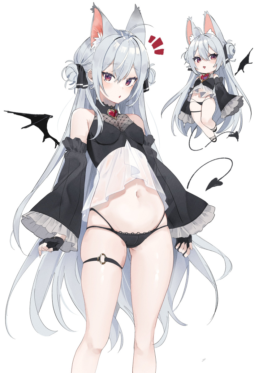 1girl absurdres animal_ears bare_legs bare_shoulders bat_ears bat_wings black_gloves black_panties black_shirt breasts brooch covered_nipples crop_top crop_top_overhang deitaku demon_tail detached_sleeves double_bun drawn_tail drawn_wings extra_ears fingerless_gloves gloves hair_bun hair_ribbon highres jewelry lace-trimmed_panties lace_trim legs lingerie long_hair long_sleeves looking_at_viewer mini_person mini_wings minigirl multi-strapped_panties navel no_pants original panties parted_lips red_eyes revealing_clothes ribbon see-through shirt simple_background skindentation sleeveless sleeveless_shirt small_breasts solo standing stomach string_panties tail thigh_strap thighs underwear very_long_hair white_background white_hair wide_sleeves wings