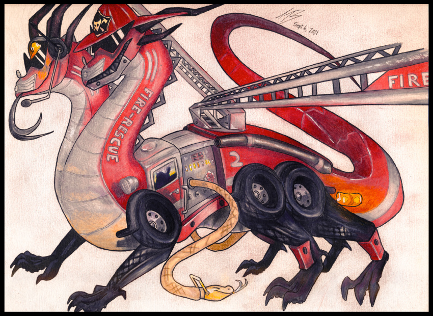 absurdres cyborg dragon dragon_horns english_text fire_truck firefighter forked_tongue furry fusion highres horns motor_vehicle multiple_heads multiple_legs original release_date sharp_teeth skull_and_crossbones snake sunglasses teeth tire tongue tongue_out traditional_media truck upsettispaghettivulture