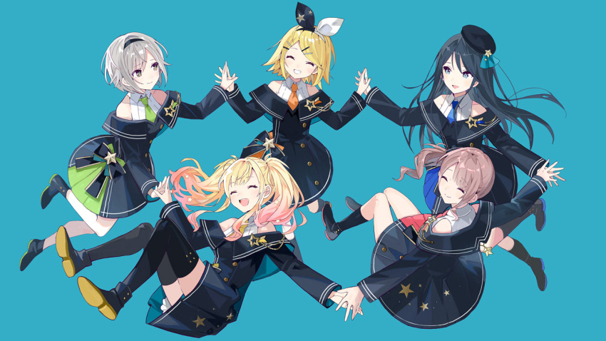 black_dress black_footwear black_hair black_headband black_headwear blonde_hair blue_background blue_eyes blue_necktie boots brown_hair dress gradient_hair green_eyes green_necktie grey_hair halterneck headband hinomori_shiho hoshino_ichika_(project_sekai) kagamine_rin leo/need_(project_sekai) leo/need_rin long_hair mochizuki_honami multicolored_hair necktie off-shoulder_dress off_shoulder official_art orange_necktie pink_hair project_sekai red_necktie short_hair side_ponytail simple_background swept_bangs tenma_saki tobi_(kotetsu) twintails yellow_necktie