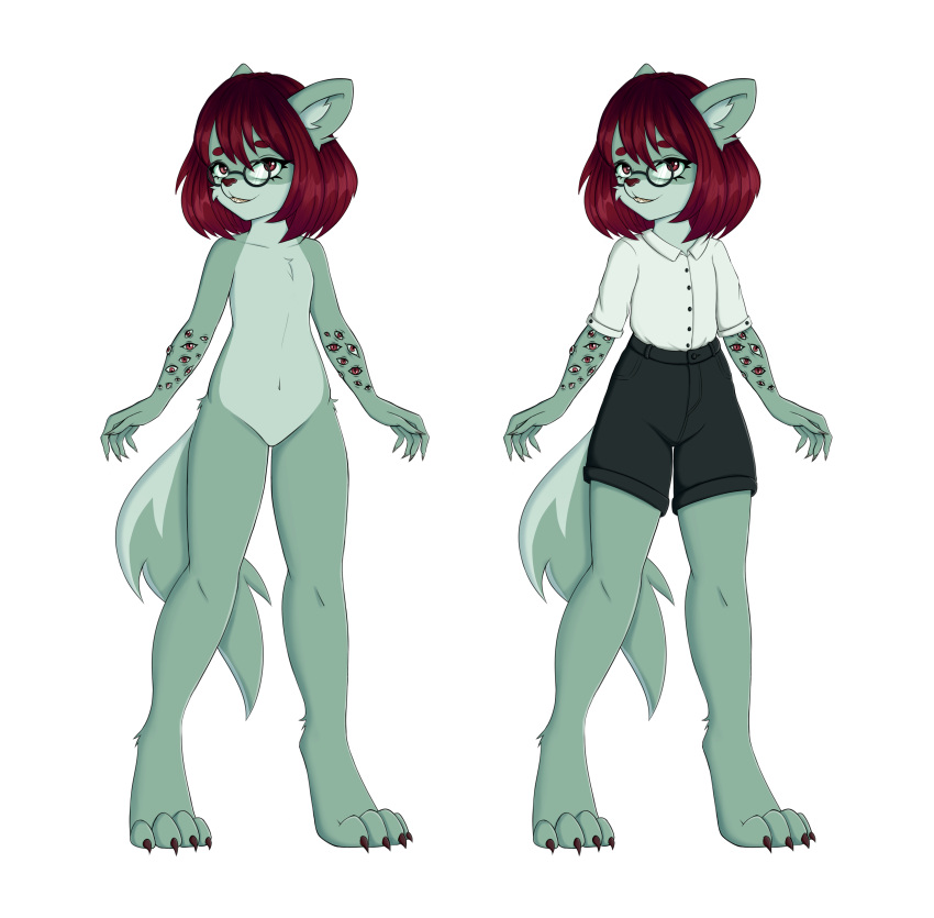 absurd_res anthro badger bottomwear claws clothing duo eyewear fan_character female glasses hi_res honey_badger invalid_tag mammal model_sheet mustelid musteline shorts tail tanatos_aaa