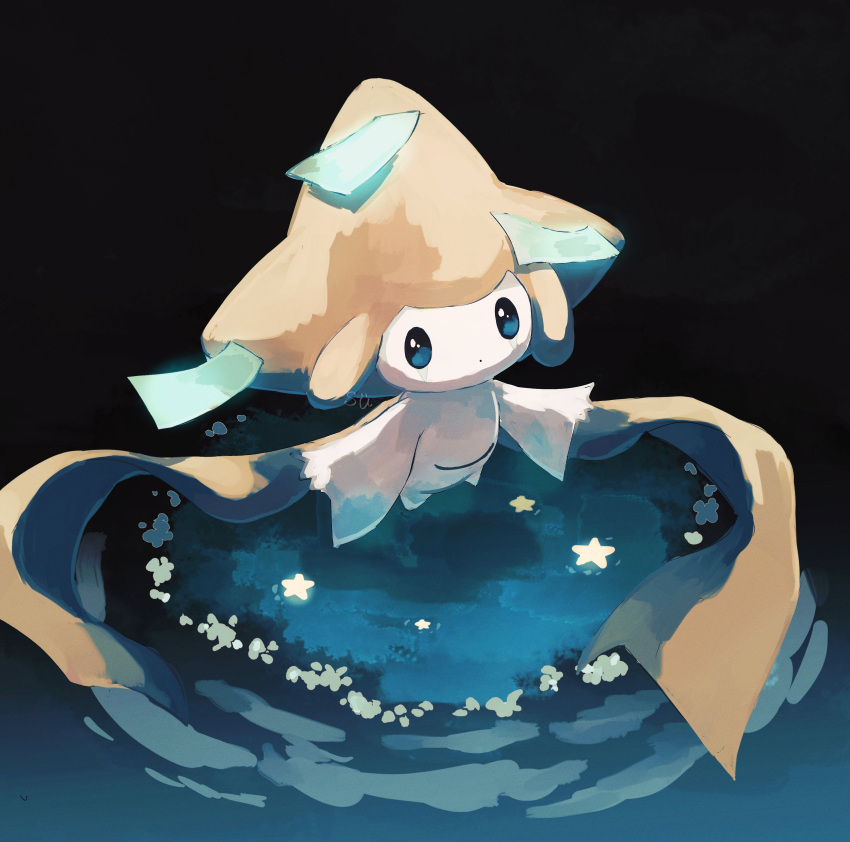 absurdres black_background blue_eyes colored_skin dot_mouth facial_mark flower highres jirachi no_humans pokemon pokemon_(creature) su_(sajo_su5) tanzaku water white_skin