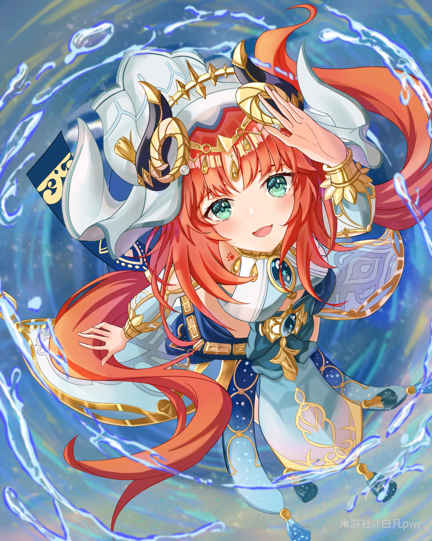 1girl absurdres aqua_eyes bai_fan_pwr blue_gemstone blue_veil blunt_bangs blush bracer breasts brooch circlet dancer fake_horns from_above gem genshin_impact gold_trim hand_up harem_outfit highres horns hydrokinesis jewelry long_hair long_sleeves looking_at_viewer low_twintails medium_breasts neck_ring nilou_(genshin_impact) open_mouth parted_bangs puffy_long_sleeves puffy_sleeves red_hair sidelocks solo spiral_background twintails veil water