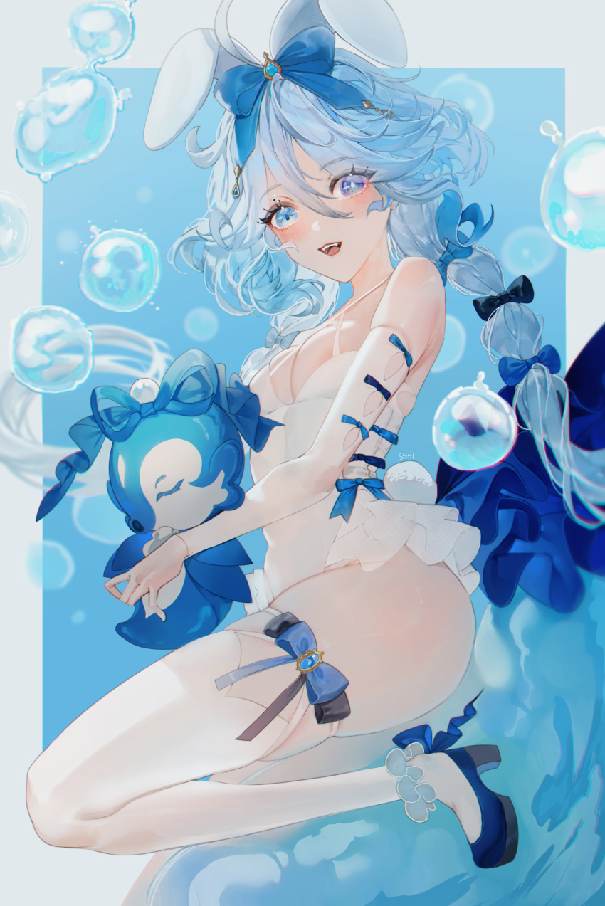 1girl absurdres air_bubble alternate_costume animal_ears artist_name bare_shoulders blue_background blue_eyes blue_footwear blue_hair blush border breasts bubble criss-cross_halter detached_sleeves fake_animal_ears furina_(genshin_impact) genshin_impact hair_ribbon halterneck high_heels highres knee_up leg_up leotard light_blue_hair long_hair looking_at_viewer open_mouth playboy_bunny rabbit_ears rabbit_tail ribbon shei99 skindentation small_breasts solo surintendante_chevalmarin tail teeth thighhighs upper_teeth_only wavy_hair white_border white_leotard white_sleeves white_thighhighs