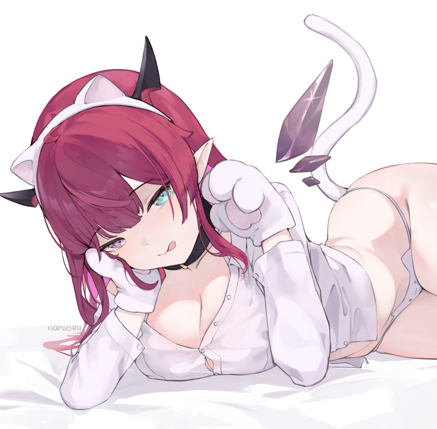 1girl :p absurdres animal_ears animal_hands animal_print artist_name blue_eyes breasts cat_ears cat_panties cat_paws cat_print cat_tail cleavage collared_shirt crystal_wings english_commentary fake_animal_ears gloves headband heterochromia highres hololive hololive_english horns irys_(hololive) large_breasts licking_lips long_hair long_sleeves looking_at_viewer namiorii no_pants panties paw_gloves pink_eyes pointy_ears print_panties purple_hair reclining shirt simple_background solo tail tongue tongue_out underwear virtual_youtuber white_background white_panties white_shirt