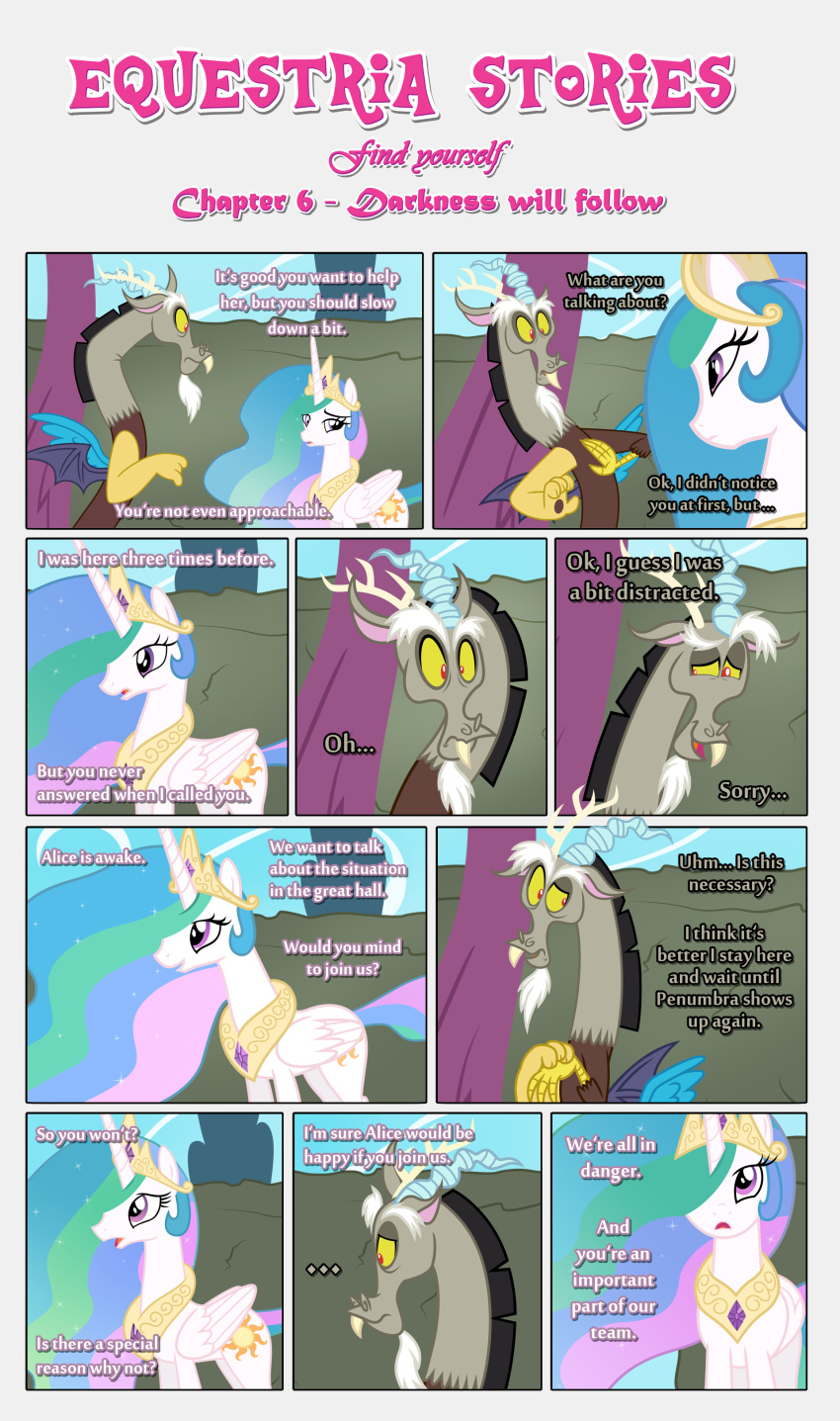 absurd_res anthro black_border border chimera cutie_mark dialogue discord_(mlp) draconequus duo ears_flat ears_up equid equine estories female feral folded_wings friendship_is_magic hasbro hi_res horn male mammal maze my_little_pony narrowed_eyes open_mouth outside princess_celestia_(mlp) regalia reluctant spread_wings wide_eyed winged_unicorn wings