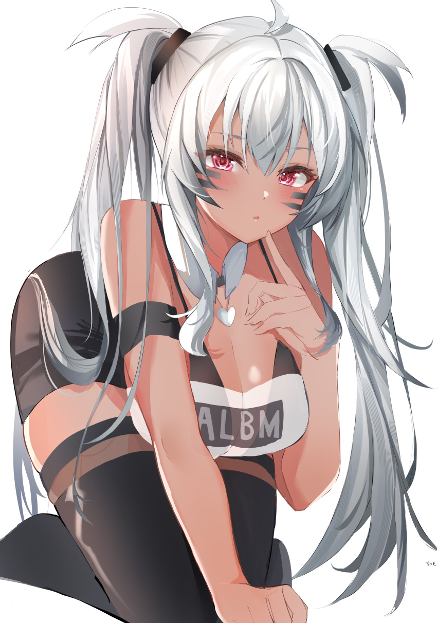 1girl absurdres alabama_(azur_lane) azur_lane bikini bikini_under_clothes black_thighhighs body_markings bodypaint breasts character_name dark-skinned_female dark_skin detached_collar facial_mark highres kneeling large_breasts long_hair looking_at_viewer native_american purple_eyes simple_background solo strapless suimo_(suimodayo) swimsuit thighhighs tube_top twintails very_long_hair whisker_markings white_background white_hair white_tube_top