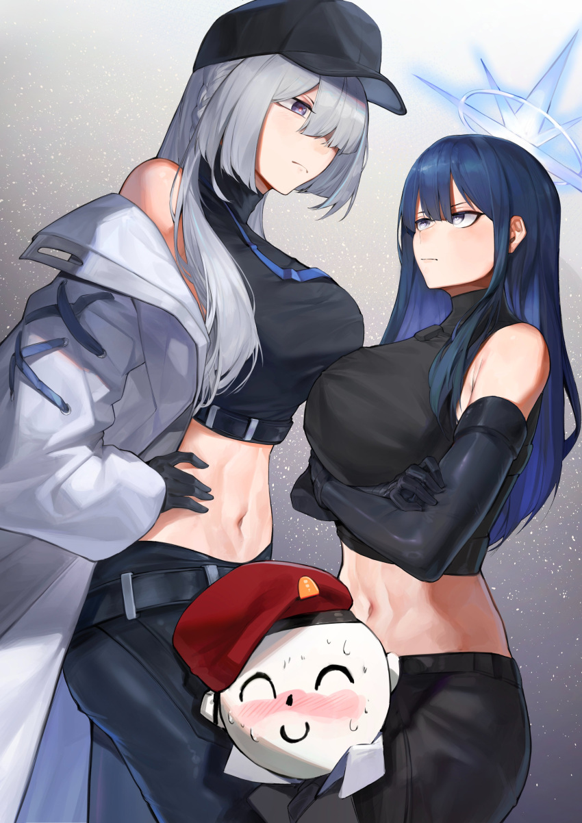 1boy 2girls absurdres ak-15_(girls'_frontline) ak-15_(girls'_frontline)_(cosplay) alternate_costume arona's_sensei_doodle_(blue_archive) baseball_cap beret black_gloves black_hair black_pants blue_archive blush braid breasts chadlink coat colored_inner_hair commander_(girls'_frontline) cosplay costume_switch crossed_legs elbow_pads girls'_frontline gloves gradient_background grey_background grey_eyes grey_hair hair_between_eyes halo hat height_difference highres large_breasts long_hair long_sleeves looking_at_another multicolored_hair multiple_girls navel nervous_sweating open_clothes open_coat pants saori_(blue_archive) saori_(blue_archive)_(cosplay) sensei_(blue_archive) sidelocks simple_background single_braid sleeveless smile stomach sweat tank_top trait_connection turtleneck two-tone_background two-tone_hair white_coat