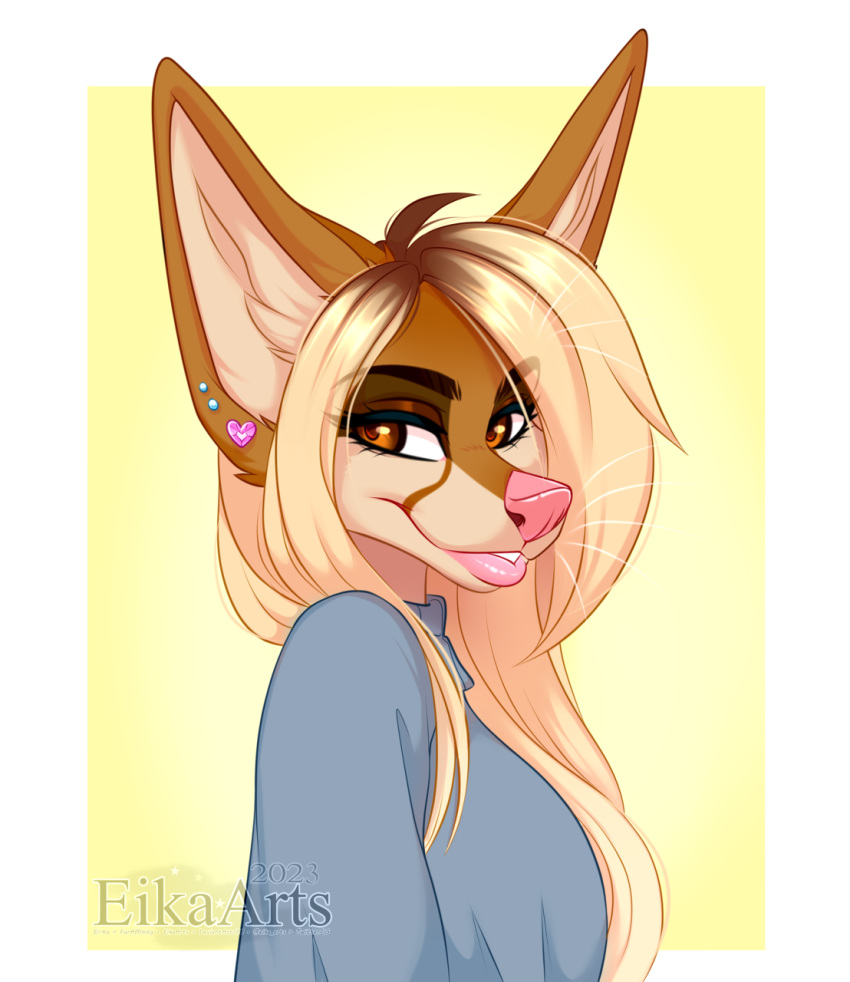 2023 anthro breasts brown_eyes canid canine clothed clothing digital_media_(artwork) ear_piercing ear_ring ei-ka eyebrows eyelashes female fox hi_res mammal piercing ring_piercing simple_background solo