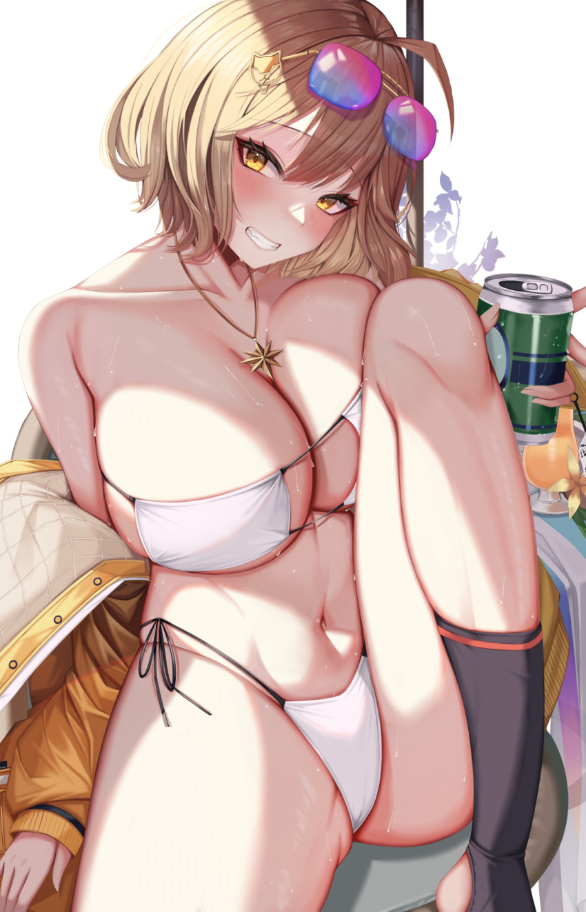 1girl anis_(nikke) anis_(sparkling_summer)_(nikke) bare_shoulders bikini breasts brown_hair can cleavage collarbone commentary eyewear_on_head goddess_of_victory:_nikke grin hair_ornament highres holding holding_can jacket jewelry kazuha_(saku_kn) knee_up large_breasts long_sleeves looking_at_viewer navel necklace off_shoulder official_alternate_costume open_clothes open_jacket parted_lips short_hair side-tie_bikini_bottom sitting smile star_(symbol) star_necklace sunglasses swimsuit teeth thighs wet white_bikini yellow_eyes yellow_jacket