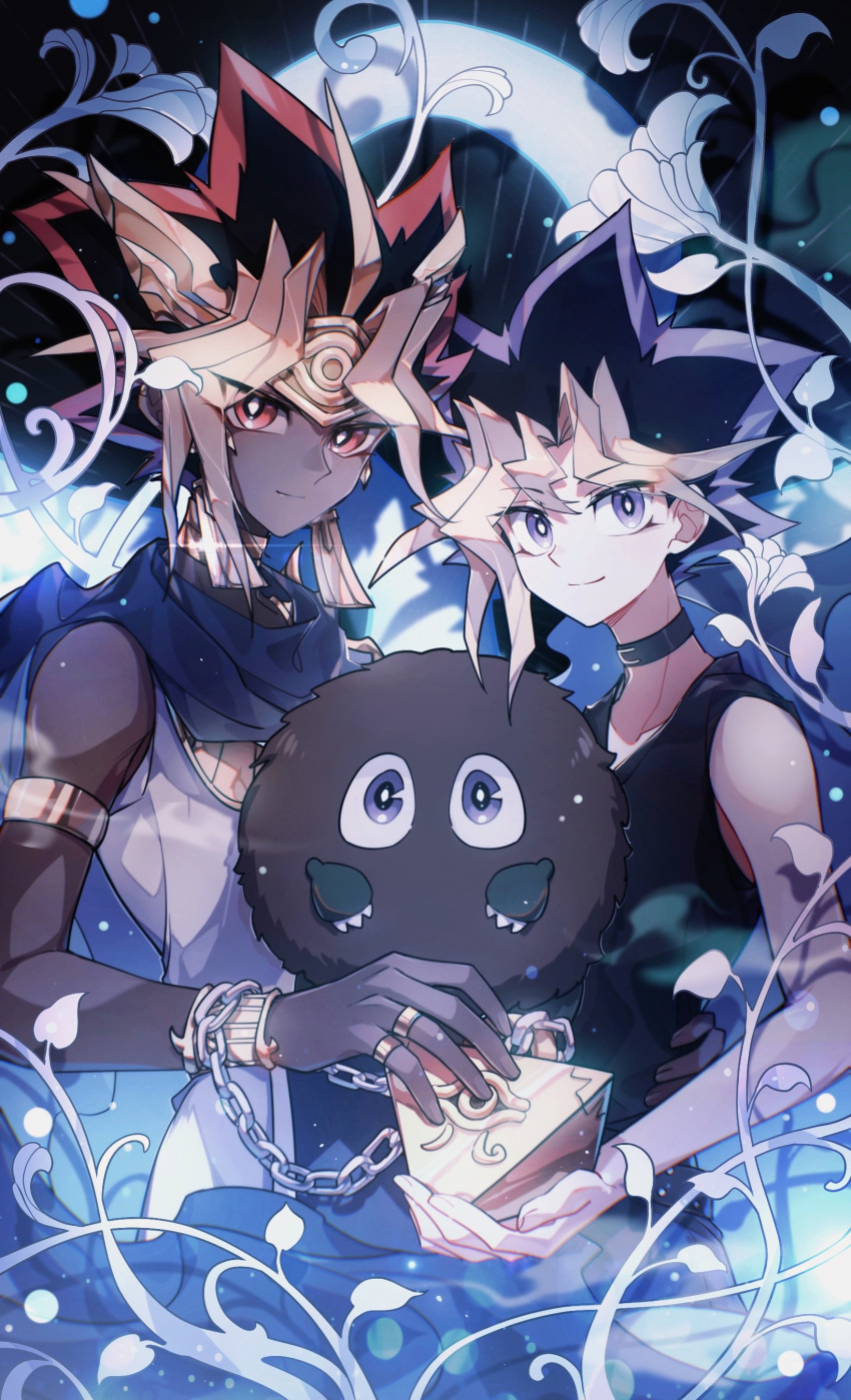 2boys absurdres alimistland arm_around_waist armlet atem black_choker black_hair blonde_hair chain_necklace choker commentary dark-skinned_male dark_skin earrings egyptian_clothes flower gold_bracelet hair_ornament highres jewelry kuriboh light_smile long_bangs looking_at_viewer male_focus millennium_puzzle monster multicolored_hair multiple_boys mutou_yuugi necklace pharaoh plant purple_eyes red_eyes red_hair shirt sleeveless sleeveless_shirt spiked_hair tassel tassel_earrings vines white_flower yu-gi-oh! yu-gi-oh!_duel_monsters