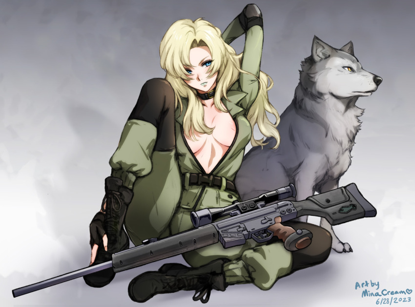 areola_slip arm_behind_head artist_name belt black_footwear blonde_hair blue_eyes blush bodysuit choker cross-laced_footwear dated green_bodysuit green_lips gun h&amp;k_psg1 holding_own_foot jacket long_hair looking_at_viewer metal_gear_(series) metal_gear_solid mina_cream open_clothes open_jacket rifle signature sniper_rifle sniper_wolf weapon wolf