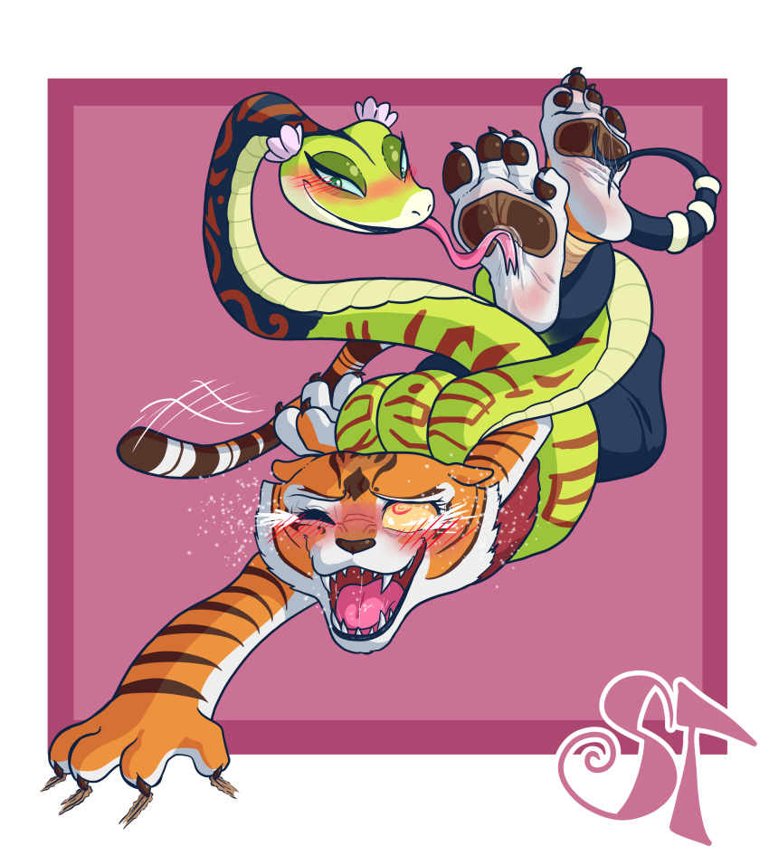 absurd_res dreamworks feet felid hi_res kung_fu_panda laugh mammal master_tigress master_viper pantherine pawpads reptile scalie snake symbiontickles tickling tiger viper