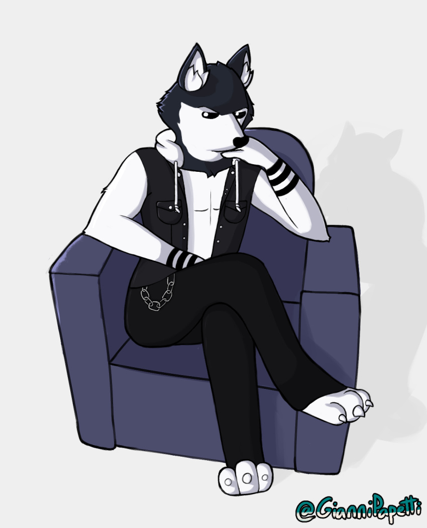 anthro black_bottomwear black_clothing black_jacket black_jeans black_pants black_topwear bottomwear canid canine canis clothed clothing denim denim_clothing denim_jacket digital_drawing_(artwork) digital_media_(artwork) domestic_dog fur furniture giannipapetti hero hi_res husky jacket jeans male mammal multicolored_body multicolored_fur nordic_sled_dog pants pants_chain relaxing shirt signature simple_background sitting sofa solo son spitz tevelski_(gt_evolution) topwear two_tone_body two_tone_fur white_clothing white_shirt white_topwear