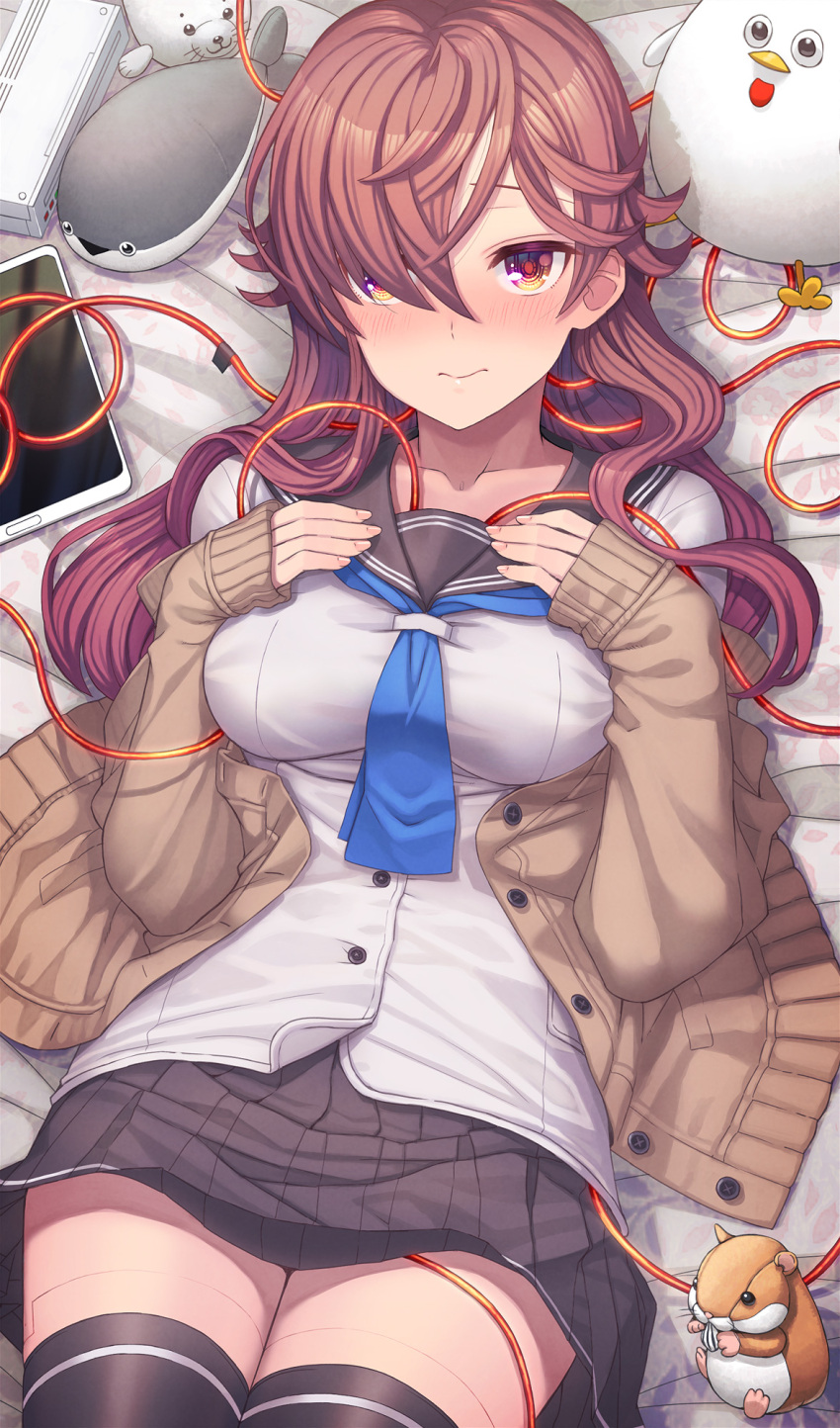 1girl android android_girl_(itou) black_thighhighs blue_neckerchief blush breasts brown_eyes brown_hair brown_skirt cable cardigan closed_mouth commentary_request hair_over_one_eye hands_on_own_chest highres itou_(onsoku_tassha) joints long_hair long_sleeves looking_at_viewer lying medium_breasts neckerchief off_shoulder on_back on_bed original pleated_skirt robot_joints school_uniform serafuku shirt skirt sleeves_past_wrists solo stuffed_animal stuffed_toy tablet_pc thighhighs thighs white_shirt zettai_ryouiki