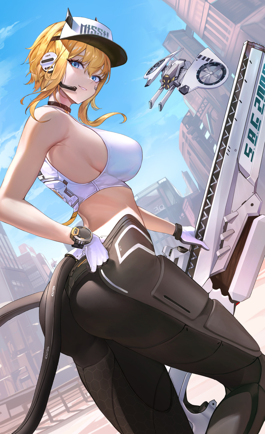1girl absurdres ass bandaid bandaid_on_cheek bandaid_on_face bare_shoulders black_choker black_gloves black_pants blonde_hair blue_eyes blue_sky breasts building cable choker city cloud commentary day drone earpiece eru_(eru_illust) gloves goddess_of_victory:_nikke gun hair_between_eyes highres holding holding_gun holding_weapon large_breasts looking_at_viewer maxwell_(nikke) mechanical_tail midriff outdoors pants parted_lips rifle short_hair short_hair_with_long_locks sideboob sidelocks sky skyscraper smile sniper_rifle solo sports_bra standing standing_on_one_leg tail tight_clothes tight_pants two-tone_gloves visor_cap weapon white_gloves white_headwear white_sports_bra