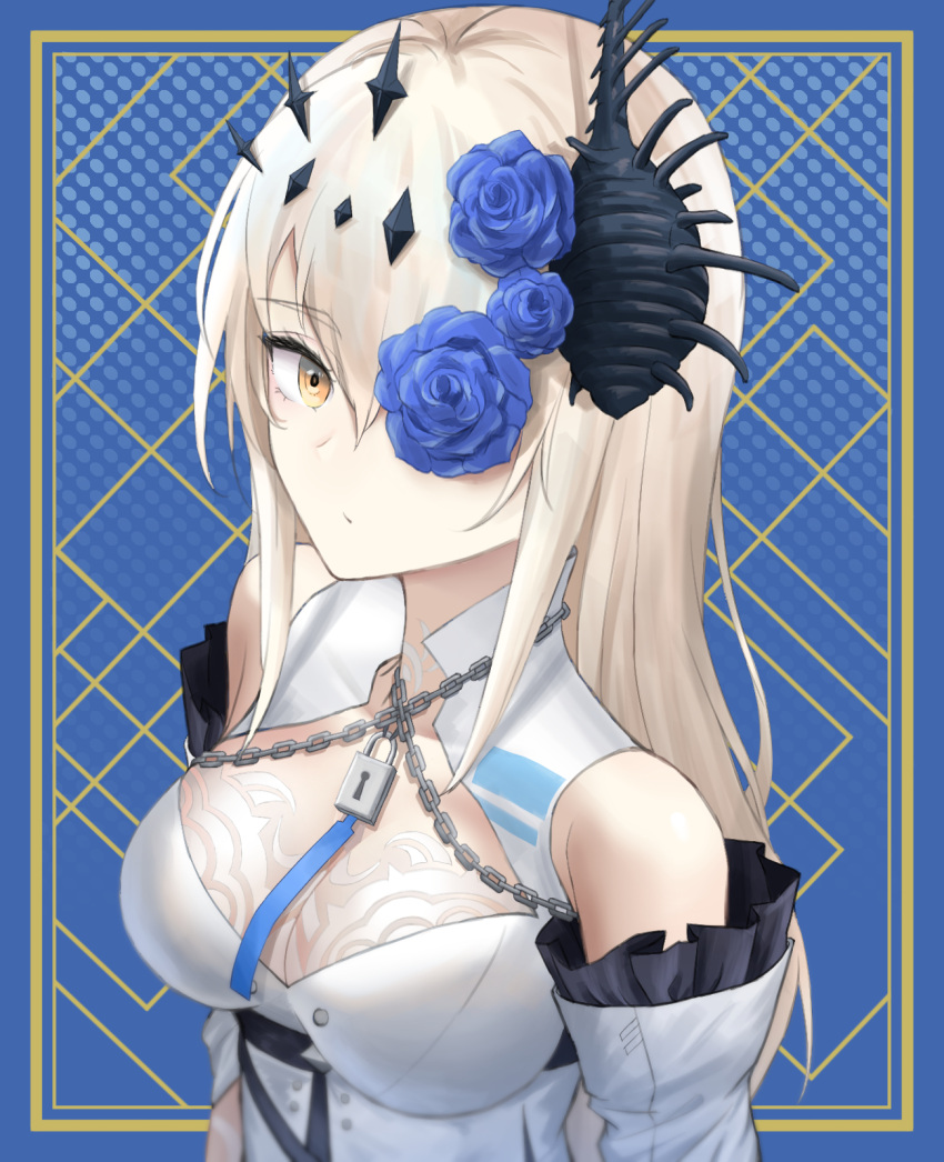 1girl bare_shoulders blue_flower blue_rose breasts chain cleavage closed_mouth conch detached_sleeves dress flower flower_over_eye frilled_sleeves frills greyscale hair_between_eyes hair_flower hair_ornament highres latte_620 lock long_hair looking_at_viewer lucia:_crimson_abyss_(apocalyptic_cyan)_(punishing:_gray_raven) lucia:_crimson_abyss_(punishing:_gray_raven) medium_breasts monochrome one_eye_covered orange_eyes padlock punishing:_gray_raven rose shell_hair_ornament solo upper_body white_dress white_sleeves
