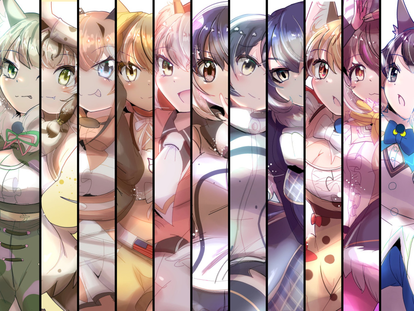 6+girls african_penguin_(kemono_friends) animal_ears bat_ears bat_girl brown_long-eared_bat_(kemono_friends) caracal_(kemono_friends) caracal_ears cat_ears cat_girl chipmunk_ears chipmunk_girl coyote_(kemono_friends) dire_wolf_(kemono_friends) extra_ears fox_ears fox_girl geoffroy's_cat_(kemono_friends) highres humboldt_penguin_(kemono_friends) island_fox_(kemono_friends) jungle_cat_(kemono_friends) kemono_friends kemono_friends_v_project large-spotted_genet_(kemono_friends) long_hair looking_at_viewer multiple_girls penguin_girl rnrwbhybsxj4qgk short_hair siberian_chipmunk_(kemono_friends) simple_background virtual_youtuber wolf_ears wolf_girl