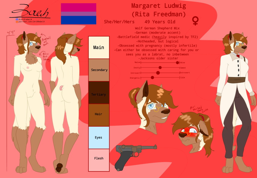 2023 absurd_res anthro bisexual_pride_colors blue_eyes blushing_profusely bottomwear breasts brown_body brown_fur brown_hair brown_markings butt canid canine canis clothed clothing coat discord_(app) domestic_dog english_text eyewear female female_symbol flat_colors fur gender_symbol genitals german_shepherd glasses gun hair hair_bun herding_dog hi_res hybrid lab_coat lgbt_pride mammal markings medic_(team_fortress_2) model_sheet navel necktie nipples nude pants pastoral_dog patreon pawpads ponytail pride_colors pussy ranged_weapon rita_(zer0rebel4) solo symbol team_fortress_2 text topwear updo url valve weapon white_body white_fur wolf zer0rebel4