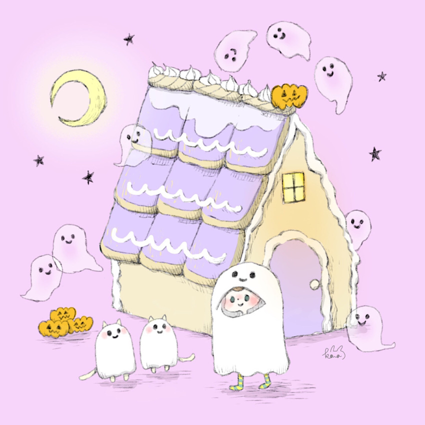 1girl blush building crescent_moon ghost glowing halloween house jack-o'-lantern kanam moon original purple_background shadow simple_background smile star_(symbol) wide_shot