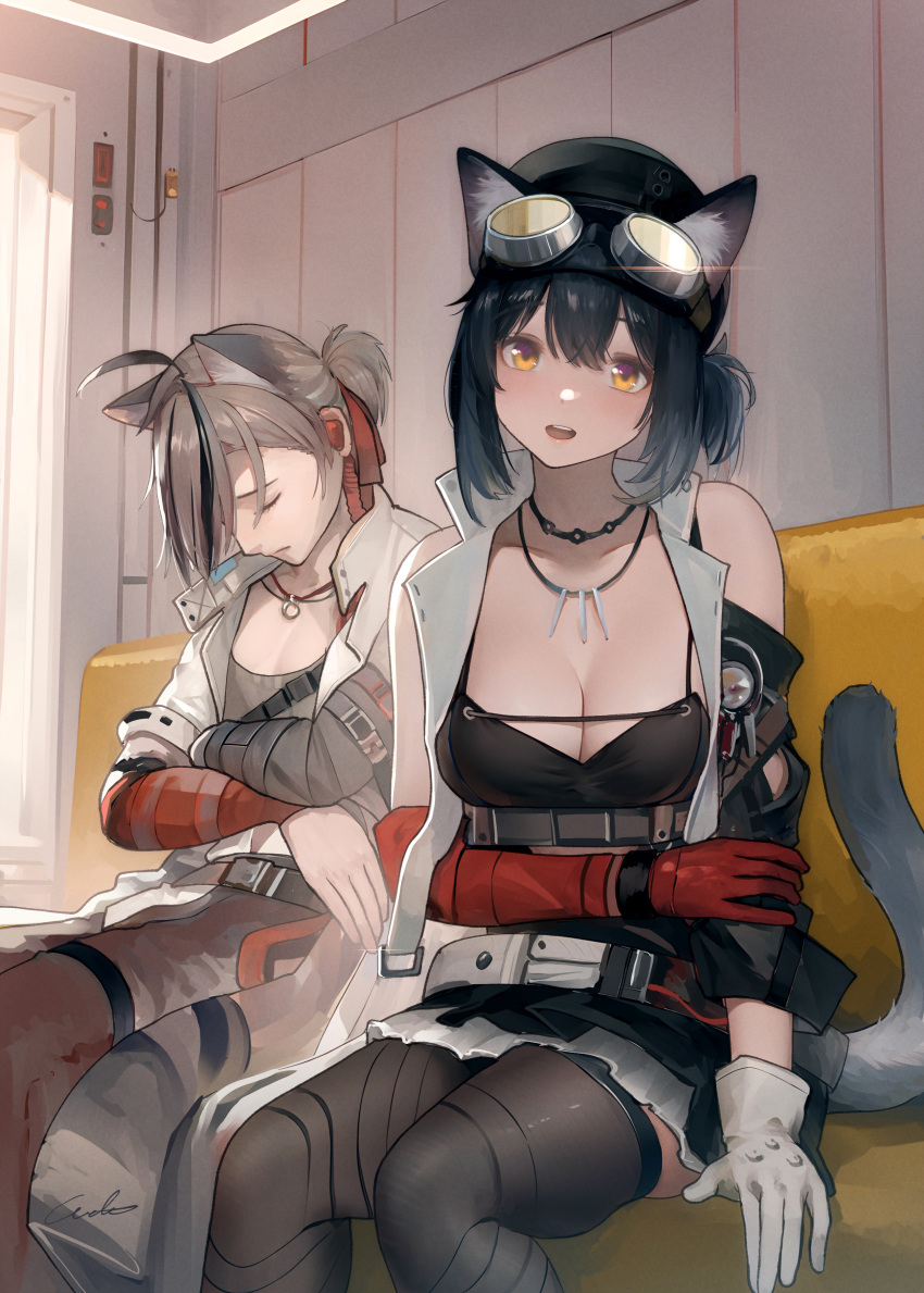 1boy 1girl absurdres animal_ear_fluff animal_ears arknights bare_shoulders black_dress black_hair black_headwear black_thighhighs black_vest breasts brown_hair brown_skirt cat_ears cat_girl cat_tail cleavage collarbone commentary_request couch crossed_arms dress goggles goggles_on_head hair_between_eyes highres indoors looking_at_viewer medium_breasts on_couch open_clothes open_vest orange_eyes ponytail rockrock_(arknights) sitting skirt stainless_(arknights) tail thighhighs vest welt_(kinsei_koutenkyoku)