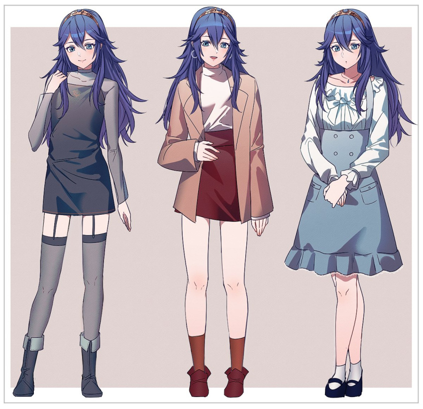 3girls :o alternate_costume ameno_(a_meno0) black_dress black_footwear blouse blue_eyes blue_footwear blue_hair blue_skirt brown_jacket buttons closed_mouth collarbone contemporary dress fire_emblem fire_emblem_awakening full_body grey_thighhighs hair_between_eyes high-waist_skirt jacket jewelry long_hair long_sleeves looking_at_viewer lucina_(fire_emblem) multiple_girls multiple_persona necklace open_clothes open_jacket open_mouth orange_socks pocket red_footwear red_skirt see-through see-through_sleeves shirt shoes skirt smile socks sweater thighhighs tiara turtleneck turtleneck_sweater white_shirt white_socks white_sweater