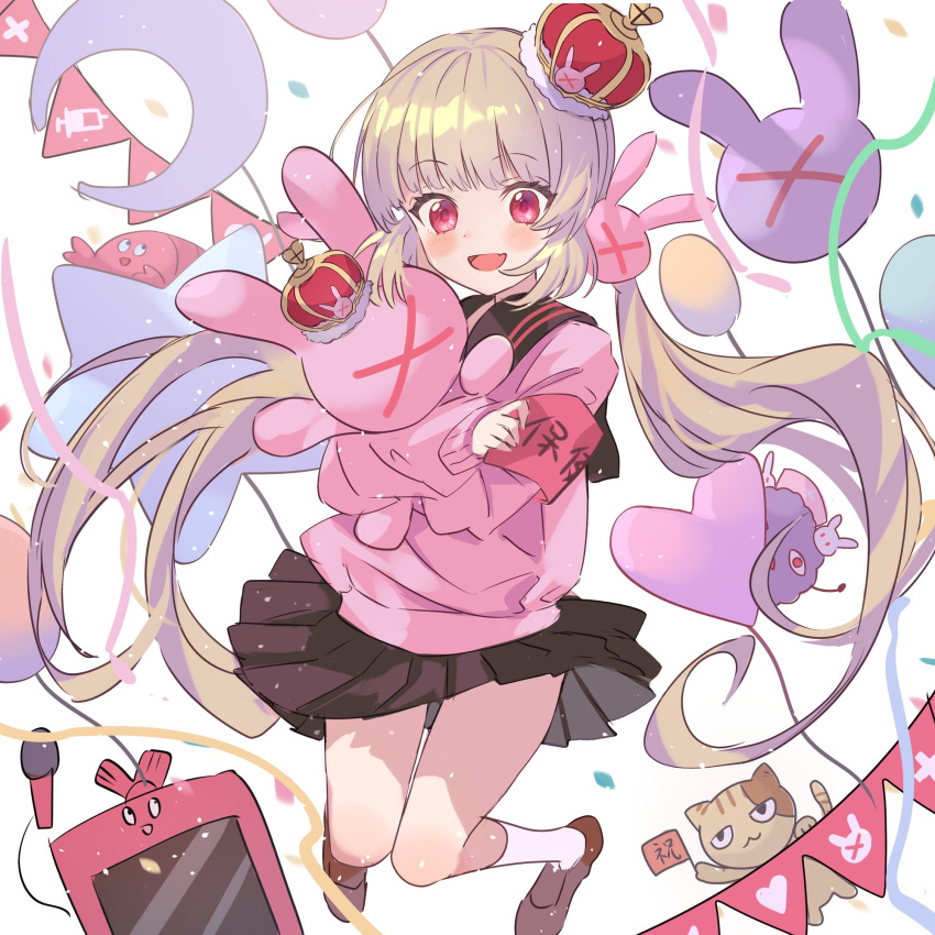 &gt;_&lt; 1girl :d armband balloon black_sailor_collar black_skirt blonde_hair blush cat commentary_request confetti crescent crown full_body hair_ornament heart_balloon highres holding holding_stuffed_toy jumping loafers long_hair long_sleeves looking_at_viewer low_twintails makai_no_juumin natori_sana object_hug official_alternate_costume open_mouth pink_sweater pleated_skirt rabbit_hair_ornament red_armband red_eyes sailor_collar sana_channel shoes skirt smile socks solo string_of_flags stuffed_animal stuffed_rabbit stuffed_toy sweater twintails very_long_hair virtual_youtuber white_socks