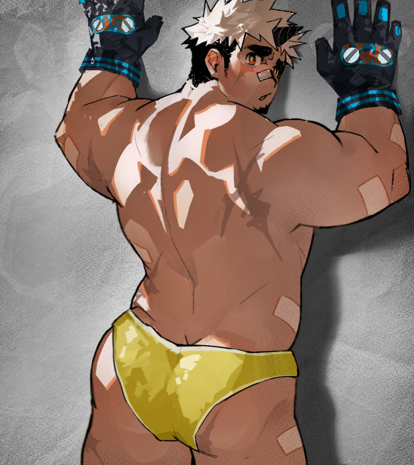 1boy :o against_wall akiha_gongen_(housamo) arms_up ass ass_focus back bandaid bandaid_on_face bandaid_on_nose bara black_gloves blush facial_hair facing_viewer feet_out_of_frame from_behind gloves goatee highres horns long_sideburns looking_at_viewer looking_back male_focus male_swimwear multicolored_hair muscular muscular_male official_alternate_costume shy sideburns single_horn solo swim_briefs thick_eyebrows tokyo_afterschool_summoners topless_male two-tone_hair undercut white_hair yellow_male_swimwear younine01