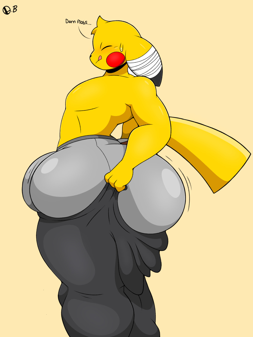 anthro big_butt bottomwear bottomwear_pull bulge butt clothing clothing_pull dipstick_ears ellipsis english_text eyes_closed generation_1_pokemon hi_res huge_butt huge_thighs male multicolored_ears nintendo omegabrawl pants pants_pull pikachu pokemon pokemon_(species) solo struggling_to_fit text thick_thighs tight_pants_(meme) tongue tongue_out underwear yellow_body