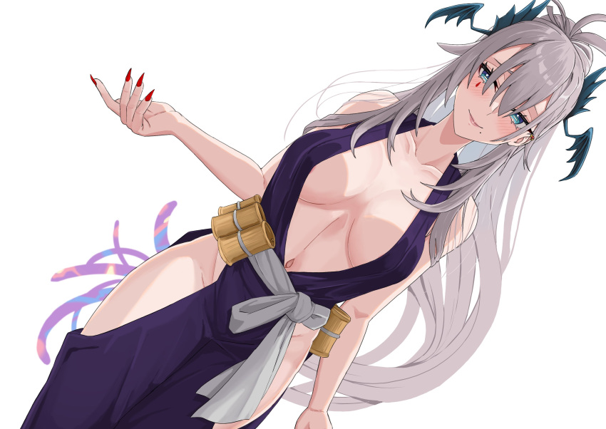 1girl areola_slip bare_shoulders blue_eyes blush breasts bright_pupils collarbone dress grey_hair hair_between_eyes head_wings highres horizontal_pupils indie_virtual_youtuber kuon_bb large_breasts long_hair mole mole_under_eye navel plunging_neckline pochimaru_(vtuber) purple_dress red_nails revealing_clothes side_slit teardrop_facial_mark white_background white_pupils wings