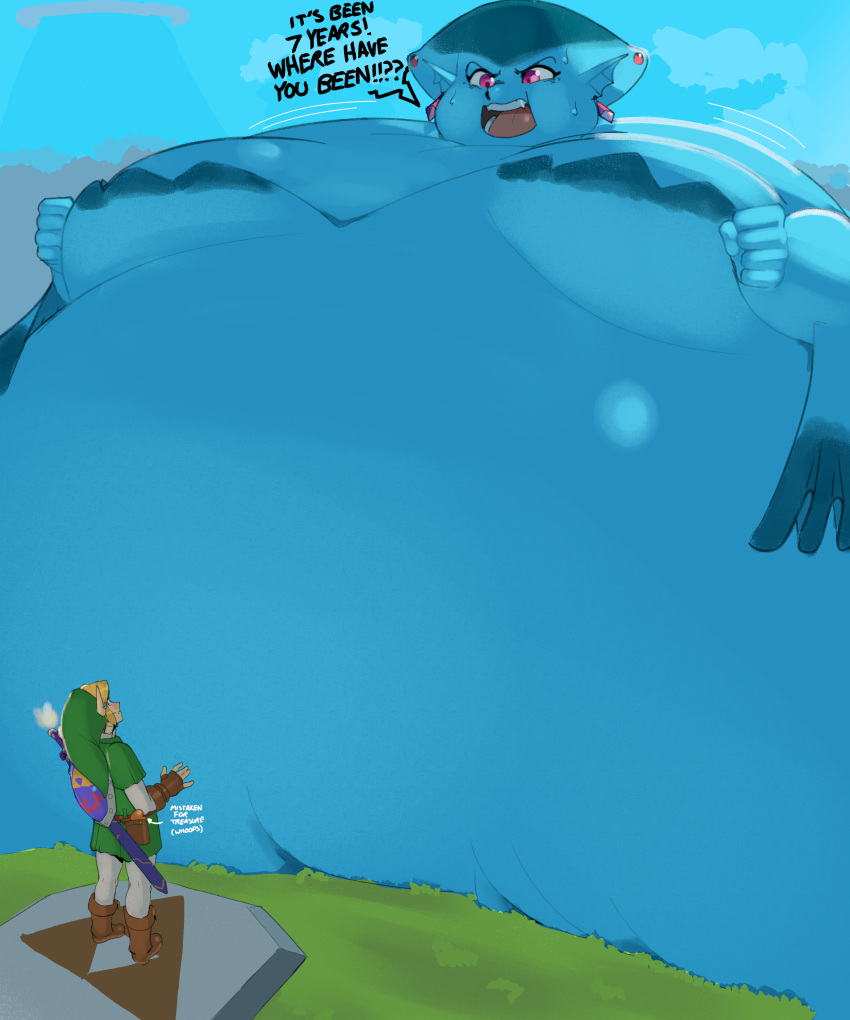 absurd_res angry animal_humanoid anthro belly big_belly big_breasts blonde_hair blue_body breasts clothing dialogue fairy female fish fish_humanoid group hair hi_res huge_breasts humanoid humanoid_pointy_ears hylian hyper hyper_belly hyper_breasts inflation larger_female link macro male marine marine_humanoid morbidly_obese morbidly_obese_female morbidly_obese_humanoid navi nintendo nuumatic obese obese_female obese_humanoid ocarina_of_time open_mouth outside overweight overweight_female overweight_humanoid princess_ruto purple_eyes size_difference smaller_male standing teeth text the_legend_of_zelda trio weight_gain yelling zora