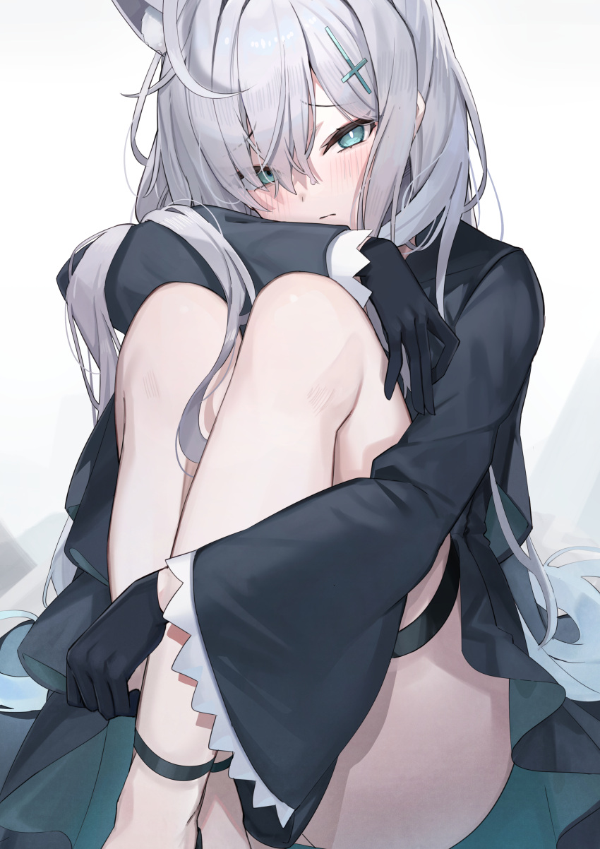 1girl absurdres animal_ears ass black_dress black_gloves blue_archive blue_eyes blush closed_mouth cross_hair_ornament dress extra_ears gloves grey_hair hair_ornament highres kuroshiro_kanae long_hair long_sleeves looking_at_viewer shiroko_(blue_archive) shiroko_terror_(blue_archive) simple_background solo white_background wolf_ears