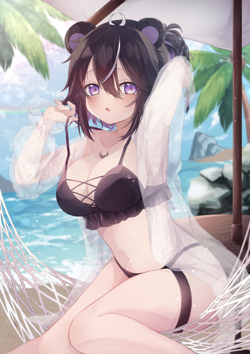 1girl absurdres animal_ears beach beach_umbrella bear_ears bear_girl bikini black_bikini black_hair breasts cloud collarbone hair_between_eyes hammock highres mole mole_under_eye multicolored_hair navel ocean okurakuma original palm_tree paw_print purple_eyes purple_hair rock see-through shore sitting sky solo streaked_hair swimsuit thigh_strap tree umbrella wet