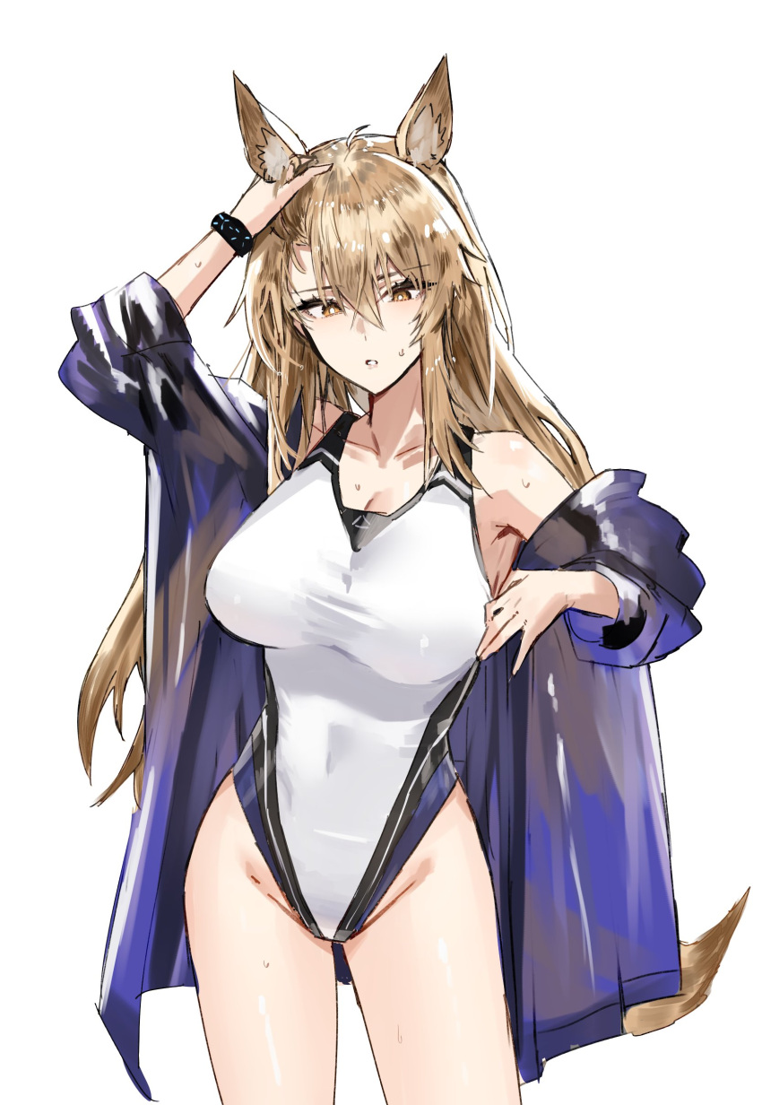 1girl absurdres adjusting_clothes animal_ear_fluff animal_ears arknights blonde_hair breasts commentary competition_swimsuit hand_on_own_head highleg highleg_swimsuit highres horn/wood horse_ears horse_girl horse_tail infection_monitor_(arknights) large_breasts long_hair looking_at_viewer nearl_(arknights) nearl_(shimmering_dew)_(arknights) official_alternate_costume one-piece_swimsuit parted_lips solo sweatdrop swimsuit swimsuit_cover-up tail wet wet_clothes white_one-piece_swimsuit