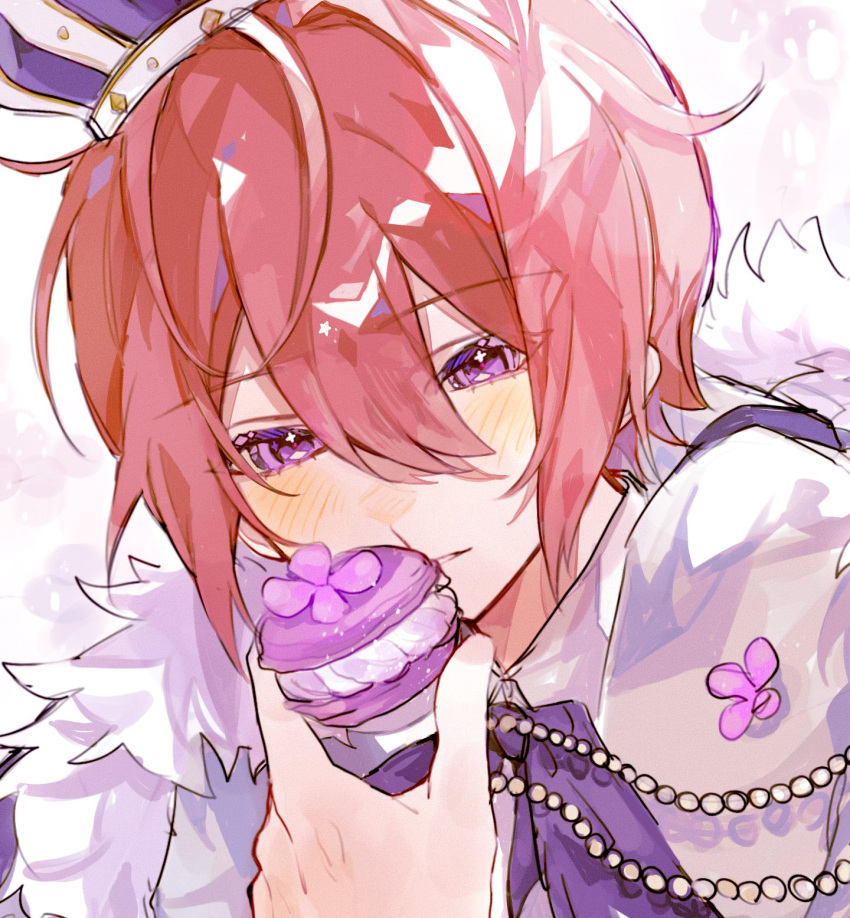 1boy blush bow cape crown daifugo_happy ensemble_stars! flower food formal fur-trimmed_cape fur_trim highres holding holding_food macaron male_focus mini_crown parted_lips purple_bow purple_eyes purple_flower purple_theme red_hair shirt short_hair solo suou_tsukasa teeth white_background white_cape white_shirt