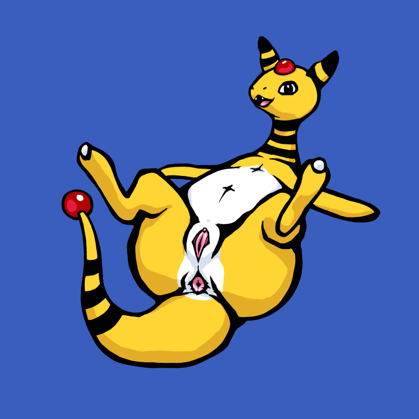 absurd_res ampharos anus belly big_butt black_eyes butt female feral generation_2_pokemon genitals hi_res looking_at_viewer lying mewgia nintendo on_back open_mouth pokemon pokemon_(species) presenting presenting_anus presenting_pussy pussy smile solo spread_anus spread_butt spread_legs spread_pussy spreading tail thick_tail thick_thighs white_belly wide_hips yellow_body