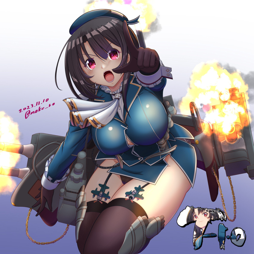 1girl adapted_turret ascot beret black_gloves black_hair black_panties black_thighhighs blue_background blue_headwear blush breasts cannon dated explosion firing garter_straps gloves gradient_background hat highres kantai_collection large_breasts machinery military military_uniform moke_ro muzzle_flash open_mouth panties red_eyes rigging short_hair skirt smokestack solo takao_(kancolle) thighhighs turret twitter_username underwear uniform