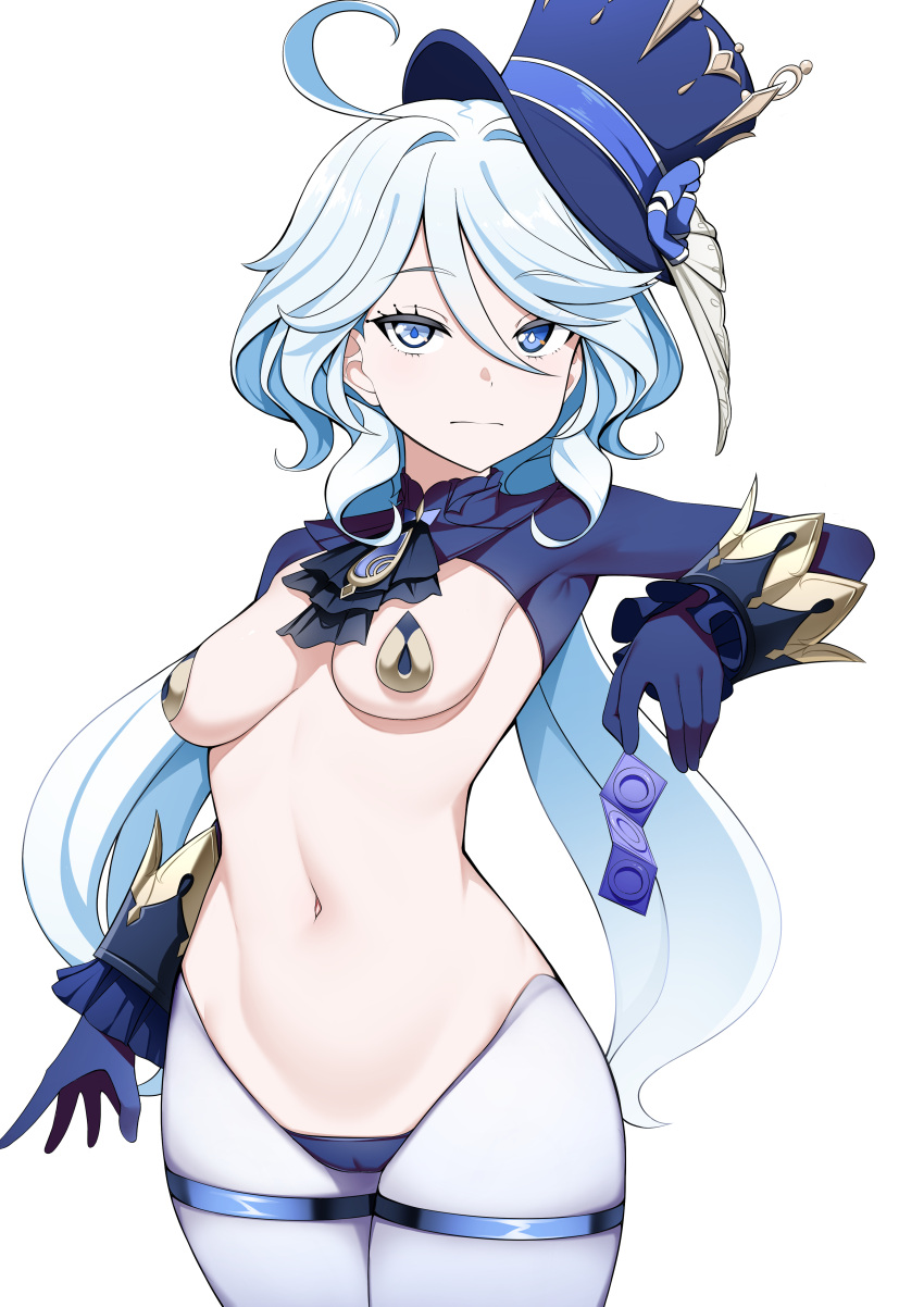 1girl absurdres ahoge ascot black_ascot black_gloves blue_eyes blue_hair blue_headwear breasts closed_mouth furina_(genshin_impact) genshin_impact gloves hair_between_eyes hat highres light_blue_hair limelam06 long_hair looking_at_viewer meme_attire navel revealing_clothes reverse_bunnysuit reverse_outfit small_breasts solo top_hat white_background