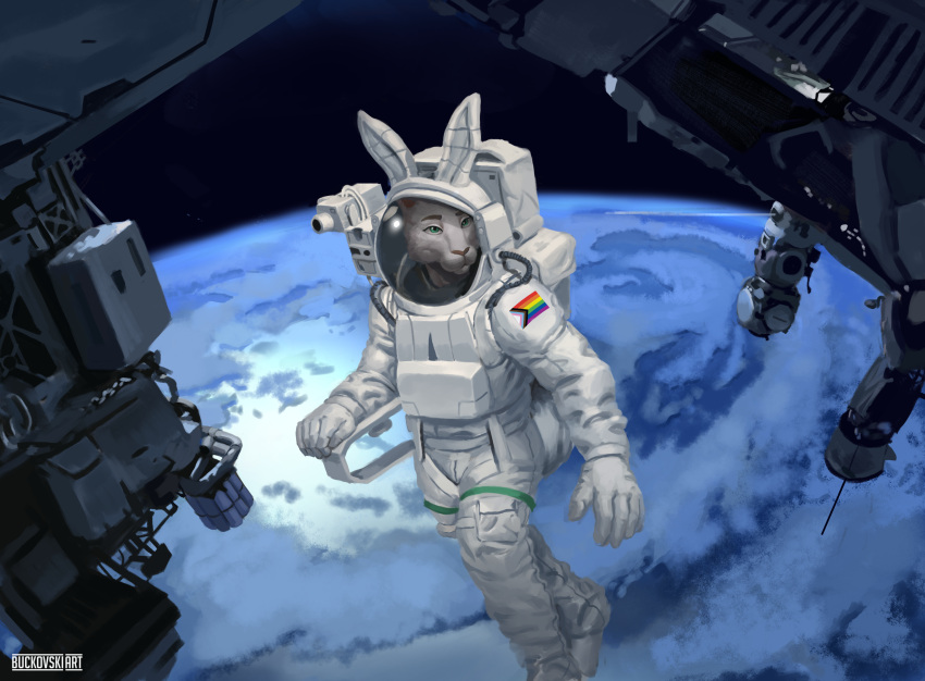 absurd_res anthro astronaut astronaut_suit buckovskiart bunny_ears_(gesture) bunnytail clothing cloud earth fantasy fur gesture green_eyes hi_res lagomorph leporid male male/male mammal planet pride_color_flag rabbit rodent solo space spacescape spacestation spacesuit suit white_body white_clothing white_fur white_suit