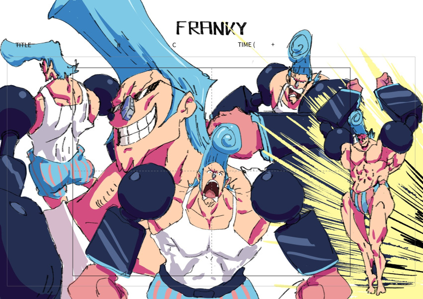 1boy abs cyborg flexing franky_(one_piece) grin highres large_pectorals levent_(itislevent) male_focus male_swimwear muscular muscular_male one_piece pectoral_cleavage pectorals short_hair smile swim_briefs tank_top topless_male white_tank_top