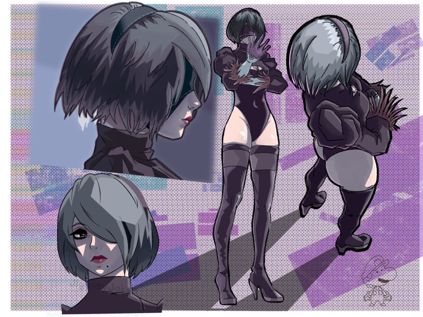 1boy 1girl 2b_(nier:automata) ass black_blindfold black_gloves black_hairband black_leotard black_thighhighs blindfold breasts cleavage cleavage_cutout clothing_cutout commentary crossed_arms gloves grey_hair hair_over_one_eye hairband high_heels highleg highleg_leotard highres jiggidyjakes juliet_sleeves leotard long_sleeves mario mario_(series) medium_breasts mole mole_under_mouth nier:automata nier_(series) puffy_sleeves red_lips short_hair thighhighs