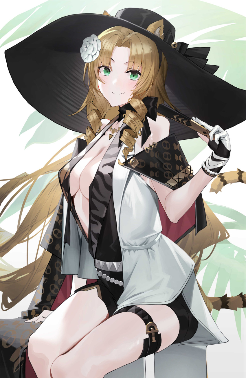 1girl absurdres animal_ear_fluff animal_ears arknights bare_shoulders black_dress black_headwear blonde_hair breasts center_opening cleavage closed_mouth commentary dress ears_through_headwear fang fang_out feet_out_of_frame flower folded_fan folding_fan gloves hair_flower hair_ornament hand_fan hand_up highres holding holding_fan long_hair looking_at_viewer medium_breasts parted_bangs partially_fingerless_gloves raitho ringlets sitting smile solo striped_tail swire_(arknights) swire_the_elegant_wit_(arknights) symbol-only_commentary tail tiger_ears tiger_girl tiger_tail very_long_hair white_flower white_gloves