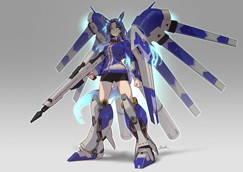 1girl absurdres animal_ears armor beam_rifle blue_hair breasts char's_counterattack char's_counterattack_-_beltorchika's_children commentary_request crossover energy_gun fin_funnels full_body glowing glowing_eyes glowing_hair godolphin_barb_(umamusume) grey_background grin gun gundam hair_intakes hi-nu_gundam highres holding holding_gun holding_weapon horse_ears horse_girl horse_tail kio_naoki long_hair looking_at_viewer mecha_musume medium_breasts parody parted_bangs shield signature smile solo standing tail umamusume weapon