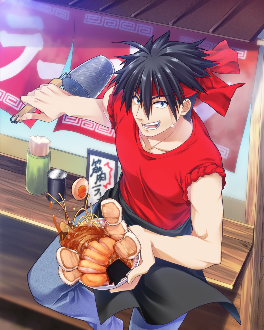 1boy apron black_apron black_hair blue_eyes blue_pants card_(medium) character_name counter denim food headband highres inohara_masato jeans ladle little_busters! male_focus meat noodles noren open_mouth pants ramen red_headband red_shirt satomi_yoshitaka shirt sleeves_rolled_up solo spiked_hair strainer teeth upper_teeth_only